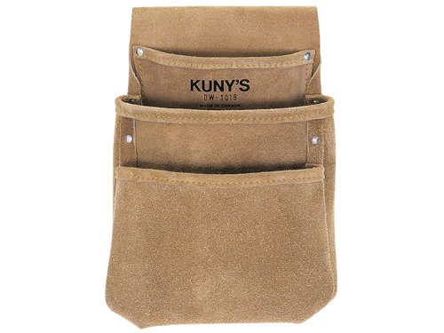 The Kuny's drywall Pouch with no hammer holder loop. Ideal for use when fitting plasterboard as there are no hard surfaces to cause damage. Made from durable split grain leather. Three pouches. (Large, Medium and Small) reversed for easy access. Rivet reinforced at all stress points.Fits any belt up to 76.2mm (3in) wide.