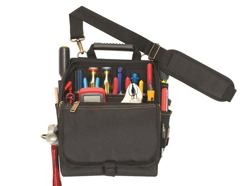 The Kuny's EL1509 Professional Electricians Zip Pouch is made of polyester fabric and ballistic binding. Zippered top flap prevents loss of tools when carrying (or not in use). With ergonomic rubber handle and padded shoulder strap design for easy storage and the ideal way to carry the loaded tool pouch. Three outside large screwdriver holders and outside pocket to hold mobile phone holder.
