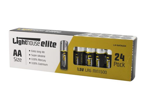 These Lighthouse high-performance alkaline batteries are designed to offer a high capacity for energy-hungry devices and offer a long storage life of up to 5 years. Alkaline batteries last longer when used with higher current devices and can, in some cases, outperform zinc-carbon products by up to 6 times, they also have less risk of leaking.1 x Pack of 24 Lighthouse AA LR6 Alkaline Batteries 2400 mAh.