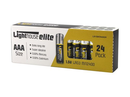 These Lighthouse high-performance alkaline batteries are designed to offer a high capacity for energy-hungry devices and offer a long storage life of up to 5 years. Alkaline batteries last longer when used with higher current devices and can, in some cases, outperform zinc-carbon products by up to 6 times, they also have less risk of leaking.1 x Pack of 24 Lighthouse Alkaline Batteries AAA LR03 1120 mAh