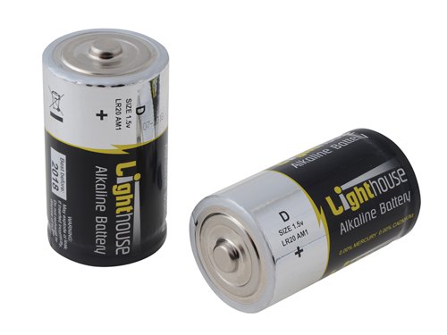 These Lighthouse high-performance alkaline batteries are designed to offer a high capacity for energy-hungry devices and offer a long storage life of up to 5 years. Alkaline batteries last longer when used with higher current devices and can, in some cases, outperform zinc-carbon products by up to 6 times, they also have less risk of leaking.1 x Pack of 2 Lighthouse Alkaline Batteries D LR20 14800 mAh