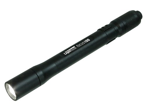 The Lighthouse elite Focus100 LED Torch Penlight features a 100 lumen output LED with three operating modes of High, Low and Strobe. Focus control allows the light to be adjusted from a tight spot beam to a flood light to suit the job in hand.Its anodised aluminium body is lightweight and durable and the torch is water and dust proof to IP54. This style of torch is often favoured by service engineers, car mechanics and by the electrical, gas and water industries where information such as meter readings need to be taken in restricted areas. The pen style pocket clip makes it easy to keep in your pocket so it is always at hand and ready for use.Supplied complete with two AAA cell alkaline batteries.Specifications:Light Source: High-performance LED.Brightness: 100/30 lumens.Run Time: 1.5/3 hours.Beam Distance: 50m.Power: 2 x AAA Alkaline Batteries (supplied).Water Resistant: IP54.Dimensions: 140 x 16/13.5mm.Weight: 31g (exc batteries).
