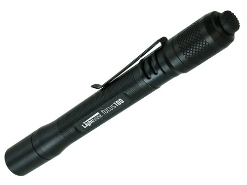 The Lighthouse elite Focus100 LED Torch Penlight features a 100 lumen output LED with three operating modes of High, Low and Strobe. Focus control allows the light to be adjusted from a tight spot beam to a flood light to suit the job in hand.Its anodised aluminium body is lightweight and durable and the torch is water and dust proof to IP54. This style of torch is often favoured by service engineers, car mechanics and by the electrical, gas and water industries where information such as meter readings need to be taken in restricted areas. The pen style pocket clip makes it easy to keep in your pocket so it is always at hand and ready for use.Supplied complete with two AAA cell alkaline batteries.Specifications:Light Source: High-performance LED.Brightness: 100/30 lumens.Run Time: 1.5/3 hours.Beam Distance: 50m.Power: 2 x AAA Alkaline Batteries (supplied).Water Resistant: IP54.Dimensions: 140 x 16/13.5mm.Weight: 31g (exc batteries).