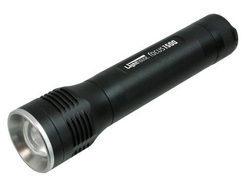 The Lighthouse elite Focus1500 LED Torch features a Philips Luxeon M high performance LED with a powerful 1500 lumen output and three operating modes of High, Low and  Strobe. Focus control allows the light to be adjusted from a tight spot beam to a flood light to suit the job in hand. This torch has an impressive run time of up to ten hours.Producing a super bright 1500 lumen beam with a range of up to 220 metres this torch is perfect for searching and security work or any application were a long beam covering a wide area is required. The anodised aluminium body is lightweight and durable and the torch is water and dust proof to IP54 for use in all weather conditions.This torch will run on rows of either 9, 6 or 3 AA batteries. Please be aware running with less than 9 batteries will have an effect on both lumen output and run times.Supplied complete with nine AA cell alkaline batteries and a wrist strap.Specifications:Light Source: High-performance LED.Brightness: 1500/400 lumens.Run Time: 5/10 hours.Beam Distance: 220m.Water Resistant: IP54.Impact Resistance: 1m.Dimensions: 225 x 51/38.5mm.Weight: 360g (exc batteries).