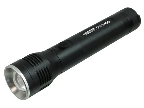Lighthouse elite Focus400 LED Torch with three operating modes of High, Low and Strobe. Focus control allows the light to be adjusted from a tight spot beam to a flood light to suit the job in hand. The torch has an impressive run time of up to seven hours.Its anodised aluminium body is lightweight and durable and the torch is water and dust proof to IP54 for use in all weather conditions. Ideal for applications such as security work by providing a powerful bright beam of light for up to 100 metres.Supplied complete with two D cell alkaline batteries.Specifications:Light Source: High-performance LED.Brightness: 400/100 lumens.Run Time: 3/7 hours.Beam Distance: 100m.Water Resistant: IP54.Impact Resistance: 1m.Dimensions: 245 x 51/39mm.Weight: 349g (exc batteries).