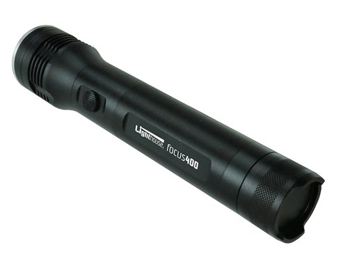 Lighthouse elite Focus400 LED Torch with three operating modes of High, Low and Strobe. Focus control allows the light to be adjusted from a tight spot beam to a flood light to suit the job in hand. The torch has an impressive run time of up to seven hours.Its anodised aluminium body is lightweight and durable and the torch is water and dust proof to IP54 for use in all weather conditions. Ideal for applications such as security work by providing a powerful bright beam of light for up to 100 metres.Supplied complete with two D cell alkaline batteries.Specifications:Light Source: High-performance LED.Brightness: 400/100 lumens.Run Time: 3/7 hours.Beam Distance: 100m.Water Resistant: IP54.Impact Resistance: 1m.Dimensions: 245 x 51/39mm.Weight: 349g (exc batteries).