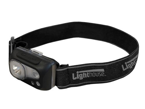 The Lighthouse Elite LED Headlight offers multiple light output options. One switch operates a 3 function 5W LED main beam with 3 output settings: high, medium and low. The other switch controls 5 functions: a 3W LED beam with high or low output and a red LED with solid flashing and SOS functions. The 2 LEDs can be used independently or together.The light unit can be tilted and has a rubberised casing that is waterproof to IPX6 standard and impact-rated to 1m. A fold-out hanging hook further increases versatility. Its adjustable head strap can fit most sizes.It has a maximum run time of 5 hours. A low power indicator LED on the front of the light warns you when the battery power is low. Ideal for use around the home and for many leisure activities including camping, sailing, hiking and cycling and perfect for use in emergencies such as power failures or when working on cars.Specification:Output: 300 lumensModes: High / Medium / Low / Red Solid Flashing / SOSRun Time: 5 hoursBeam Distance: 100mLight Source: 5W LED + 3W LEDPower: 3 x AAA Alkaline batteries (supplied)Water Resistance: IPX6Impact Resistant: 1mDimensions: 60 x 45 x 35mm exc. strapWeight: 102g