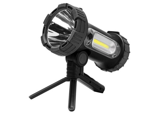The Lighthouse Elite Rechargeable Lantern Spotlight offers a variety of great features and functions; a 300 lumen output LED spotlight with 3 operating modes of High, Low and Flashing. On the side there is a COB LED floodlight providing 80 lumens of light.The handle has a ratchet mechanism and fold-out tripod legs enabling it to be used as a stand to aim the light exactly where you need it. Fitted with durable impact-proof rubber end caps and water and dustproof to IP67 for use in all weather conditions.It offers an impressive run time of up to 6 hours. The powerful internal 3.7V 2400mAh Li-ion battery that can be recharged and used time and time again. An integral charge indicator displays the remaining battery power.Another useful feature is the powerbank function, which charges small electronic devices such as mobile phones and MP3 players (using a suitable manufacturer's charging lead).Supplied complete with a USB charging cable.Specification:Output: 300 / 150 / 80 lumensMode: Spot High / Spot Low / FloodBulb: 10W XPG LED / COB LEDRun Time: 2 / 4 / 4 hoursCharge Time: Approx. 6 hoursPower: Rechargeable Li-ion 18650 3.7V 2400mAhDimensions: 205 x 155 x 112mmWater Resistant: IP67Impact Resistant: 1mWeight: 568g