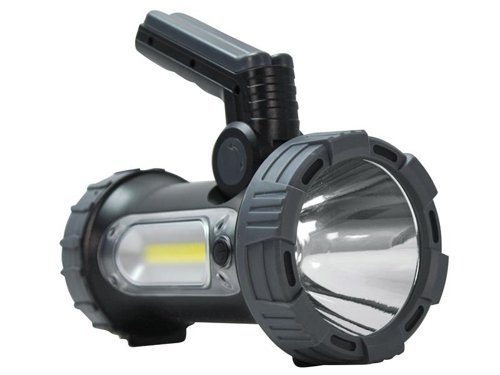 The Lighthouse Elite Rechargeable Lantern Spotlight offers a variety of great features and functions; a 300 lumen output LED spotlight with 3 operating modes of High, Low and Flashing. On the side there is a COB LED floodlight providing 80 lumens of light.The handle has a ratchet mechanism and fold-out tripod legs enabling it to be used as a stand to aim the light exactly where you need it. Fitted with durable impact-proof rubber end caps and water and dustproof to IP67 for use in all weather conditions.It offers an impressive run time of up to 6 hours. The powerful internal 3.7V 2400mAh Li-ion battery that can be recharged and used time and time again. An integral charge indicator displays the remaining battery power.Another useful feature is the powerbank function, which charges small electronic devices such as mobile phones and MP3 players (using a suitable manufacturer's charging lead).Supplied complete with a USB charging cable.Specification:Output: 300 / 150 / 80 lumensMode: Spot High / Spot Low / FloodBulb: 10W XPG LED / COB LEDRun Time: 2 / 4 / 4 hoursCharge Time: Approx. 6 hoursPower: Rechargeable Li-ion 18650 3.7V 2400mAhDimensions: 205 x 155 x 112mmWater Resistant: IP67Impact Resistant: 1mWeight: 568g
