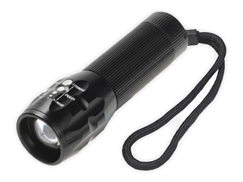 The Lighthouse Elite 3W LED Focus Torch has a polycarbonate optical reflector lens and offers three light functions: high, low and strobe. With an easy to use adjustable push–pull focus action.Incorporates CREE LEDs, providing a super bright beam from a single source. CREE LEDs are unsurpassed in both output and efficiency with a life span of over 100,000 hours and will provide a bright beam of light for up to 6 hours from one set of batteries. The torch has an aluminium body, which is shock proof and rain resistant.Supplied complete with three AAA cell alkaline batteries and a wrist strap.Specifications:Light Source: 3W high-performance LED.Brightness: 210 lumens.Run Time: up to 6 hours.Power: 3 x AAA Alkaline Batteries (supplied).Dimensions: 110 x 35mm.Weight: 135g.