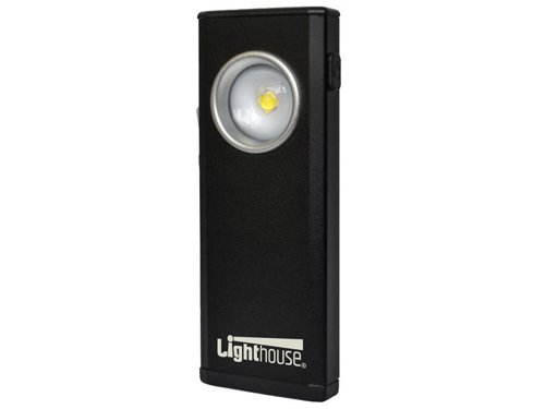 The Lighthouse Rechargeable Elite Mini LED Lamp is a compact yet powerful, pocket-sized, double-function lamp that operates as a torch or work light. This versatile lamp offers two types of light output, using either a 3W LED spotlight to provide a 55-lumen spot beam, or a 10W COB LED for a bright 500-lumen work light.The COB LED work light can be used at 100% or 50% brightness and can be dimmed by holding the power button down. It can provide a spot beam for up to 10 hours or flood for up to 2 hours at a 100% setting.The 3.7V Lithium Polymer battery can be easily recharged via the supplied USB cable and a suitable power outlet. A strong magnet in the base enables the torch to be fixed to metalwork. A large pocket clip can be attached to clothing or a belt, whilst the fold-out hook adds extra versatility.An ideal companion for all trades and around the home or car. Supplied with a USB charging cable.Specification:Mode: Spot / Flood 100% / Flood 50%Brightness: 55 / 500 / 250 lumensRun Time: 10 / 2 / 10 hoursLight Source: 3W LED / 10W COB LEDBattery: 3.7V 1500 mAh Lithium PolymerCharge Time: 3 hoursWater Resistant: IP44Dimensions: 106 x 40 x 13.5mm (24.5mm inc. clip)Weight: 85g