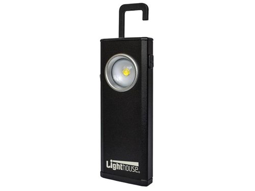 The Lighthouse Rechargeable Elite Mini LED Lamp is a compact yet powerful, pocket-sized, double-function lamp that operates as a torch or work light. This versatile lamp offers two types of light output, using either a 3W LED spotlight to provide a 55-lumen spot beam, or a 10W COB LED for a bright 500-lumen work light.The COB LED work light can be used at 100% or 50% brightness and can be dimmed by holding the power button down. It can provide a spot beam for up to 10 hours or flood for up to 2 hours at a 100% setting.The 3.7V Lithium Polymer battery can be easily recharged via the supplied USB cable and a suitable power outlet. A strong magnet in the base enables the torch to be fixed to metalwork. A large pocket clip can be attached to clothing or a belt, whilst the fold-out hook adds extra versatility.An ideal companion for all trades and around the home or car. Supplied with a USB charging cable.Specification:Mode: Spot / Flood 100% / Flood 50%Brightness: 55 / 500 / 250 lumensRun Time: 10 / 2 / 10 hoursLight Source: 3W LED / 10W COB LEDBattery: 3.7V 1500 mAh Lithium PolymerCharge Time: 3 hoursWater Resistant: IP44Dimensions: 106 x 40 x 13.5mm (24.5mm inc. clip)Weight: 85g