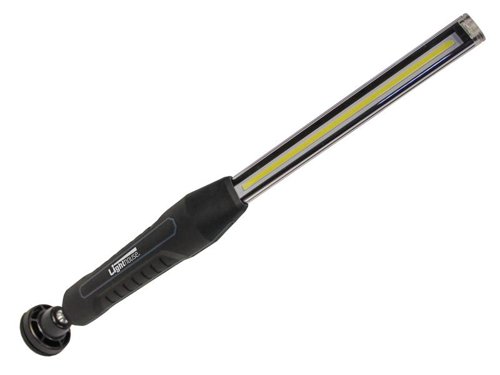 The Lighthouse Elite LED Inspection Wand is a versatile slimline light source that is the ideal tool for illuminating hard to reach areas. With two operation modes; it can be used as either a floodlight from the main LED or as a spot beam from the LED located on the end of the wand. The light output of both can be dimmed by turning a rotary dial. Its high-power COB LED provides an exceptionally clear white light output of 800 lumens for up to 10 hours.The super-slim light blade can fit through tight gaps to illuminate hard-to-see areas, a great aid when working on boilers, fitting kitchens, servicing vehicles etc. The light does not reflect back and dazzle the user, making it easy to see the task at hand.Its magnetic base is great for hands-free use when the light is attached to a metal surface, a ball joint allows the light to be angled to the exact location needed. The body is fitted with a rubber coating that protects paintwork and is also IP67 rated, so the light can be submerged in water for up to 10 minutes (ensure the USB charging cover is properly sealed). It also features a handy, plastic-coated metal, hanging hook for increased versatility.The rechargeable 3.7V 2500mAh Lithium battery provides up to 10 hours run time. A charging indicator light bar displays the remaining battery power. Easily recharged with the supplied USB charging cable connected to a suitable USB charger (1-3A 5V).Supplied with a 1m Micro USB cable.Specification:Output: 150/800 lumensLight Source: 10W COB LED/2W LEDRun Time: 2-10 hoursPower: 1 x 3.7V 2500mAh rechargeable Li-ionCharge Time: approx. 4 hoursDimensions: 190 x 22 x 11mmWeight: 260g
