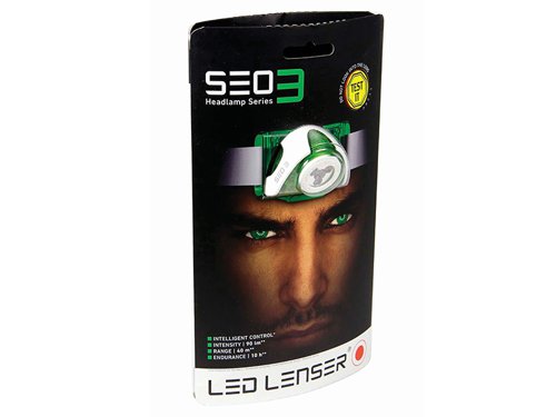 The Ledlenser SEO3 Headlamp has a lightweight design with a main high-end white LED and a secondary glare-free red LED light to protect night vision. Patented Advanced Focusing Optics that focus the beam for Flood (near) or Spot (distance) illumination. Uses Smart Light Technology to provide 3 settings: Power, Low Power and Signal. The lamp head swivels 90° for directional lighting. Fitted with a comfortable anti-allergic headband that is washable. The transport lock prevents it from accidentally switching on. IPX6 for superior dust and water protection. 7-year with registration warranty.Supplied with belt hook and batteries (3 x AAA).Specification:Power: 100/15 lumensRun Time: 10/40 hoursBeam Distance: 100/15mIP Rating: IP56Weight 105g