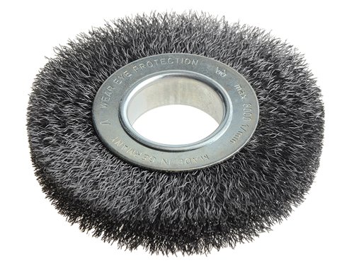 The Lessmann Wheel Brushes are filled with crimped wire and are used for obtaining different surface finishes. For the removal of rust, paint and dirt, for roughening, de-burring. Stripping or polishing.A decisive factor for choosing the most suitable brush is the wire and tube diameter. Brushes with a larger tube diameter are filled with more wire, are more aggressive and have a longer life. Some of the brushes are supplied with adaptor sets that allow easy mounting on all popular grinding machines.The adaptors have the following dimensions:Set 1: 30, 22.2, 20, 16 & 12mm, 1in & 1/2in. Set 2: 40, 32, 22.2, 20, & 16mm, 1in & 1/2in.Set 3: 50, 32, 22.2, 20, & 16mm, 1in & 1/2in.Set 4: Brushes With Metal Discs Bore 50.8 & Double Keyway 7x13; Plus Adaptor to Bore 30.Diameter. 125mm.Width. 20-22mm.Min/Max Bore: 13/40mm.Wire Gauge. 0.30/0.35.Wire Type. Steel Crimped.Max R.P.M.6,000