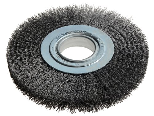 The Lessmann Wheel Brushes are filled with crimped wire and are used for obtaining different surface finishes. For the removal of rust, paint and dirt, for roughening, de-burring. Stripping or polishing.A decisive factor for choosing the most suitable brush is the wire and tube diameter. Brushes with a larger tube diameter are filled with more wire, are more aggressive and have a longer life. Some of the brushes are supplied with adaptor sets that allow easy mounting on all popular grinding machines.The adaptors have the following dimensions:Set 1: 30, 22.2, 20, 16 & 12mm, 1in & 1/2in. Set 2: 40, 32, 22.2, 20, & 16mm, 1in & 1/2in.Set 3: 50, 32, 22.2, 20, & 16mm, 1in & 1/2in.Set 4: Brushes With Metal Discs Bore 50.8 & Double Keyway 7x13; Plus Adaptor to Bore 30.Diameter. 200mm.Width. 24-27mm.Min/Max Bore: 16/50mm.Wire Gauge. 0.30/0.35.Wire Type. Steel Crimped.Max R.P.M. 4,500.