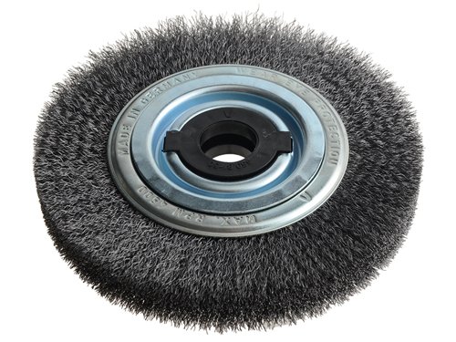 The Lessmann Wheel Brushes are filled with crimped wire and are used for obtaining different surface finishes. For the removal of rust, paint and dirt, for roughening, de-burring. Stripping or polishing.A decisive factor for choosing the most suitable brush is the wire and tube diameter. Brushes with a larger tube diameter are filled with more wire, are more aggressive and have a longer life. Some of the brushes are supplied with adaptor sets that allow easy mounting on all popular grinding machines.The adaptors have the following dimensions:Set 1: 30, 22.2, 20, 16 & 12mm, 1in & 1/2in. Set 2: 40, 32, 22.2, 20, & 16mm, 1in & 1/2in.Set 3: 50, 32, 22.2, 20, & 16mm, 1in & 1/2in.Set 4: Brushes With Metal Discs Bore 50.8 & Double Keyway 7x13; Plus Adaptor to Bore 30.Diameter: 200mm.Width: 35-40mm.Min/Max Bore: 16/80mm. Wire Gauge: 0.30/0.35.Wire Type: Steel Crimped.Max R.P.M. 4,500