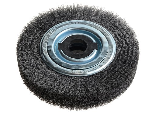 The Lessmann Wheel Brushes are filled with crimped wire and are used for obtaining different surface finishes. For the removal of rust, paint and dirt, for roughening, de-burring. Stripping or polishing.A decisive factor for choosing the most suitable brush is the wire and tube diameter. Brushes with a larger tube diameter are filled with more wire, are more aggressive and have a longer life. Some of the brushes are supplied with adaptor sets that allow easy mounting on all popular grinding machines.The adaptors have the following dimensions:Set 1: 30, 22.2, 20, 16 & 12mm, 1in & 1/2in. Set 2: 40, 32, 22.2, 20, & 16mm, 1in & 1/2in.Set 3: 50, 32, 22.2, 20, & 16mm, 1in & 1/2in.Set 4: Brushes With Metal Discs Bore 50.8 & Double Keyway 7x13; Plus Adaptor to Bore 30.Diameter. 200mm.Width. 45-48mm.Min/Max Bore: 16/80mm.Wire Gauge. 0.30/0.35.Wire Type. Steel Crimped.Max R.P.M. 4,500.