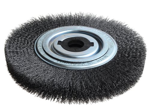 The Lessmann Wheel Brushes are filled with crimped wire and are used for obtaining different surface finishes. For the removal of rust, paint and dirt, for roughening, de-burring. Stripping or polishing.A decisive factor for choosing the most suitable brush is the wire and tube diameter. Brushes with a larger tube diameter are filled with more wire, are more aggressive and have a longer life. Some of the brushes are supplied with adaptor sets that allow easy mounting on all popular grinding machines.The adaptors have the following dimensions:Set 1: 30, 22.2, 20, 16 & 12mm, 1in & 1/2in. Set 2: 40, 32, 22.2, 20, & 16mm, 1in & 1/2in.Set 3: 50, 32, 22.2, 20, & 16mm, 1in & 1/2in.Set 4: Brushes With Metal Discs Bore 50.8 & Double Keyway 7x13; Plus Adaptor to Bore 30.Diameter. 250mm.Width.30-35mmMin/Max Bore: 20/100mm. Wire Gauge.0.30.Wire Type. Steel Crimped.Max R.P.M. 3,600.