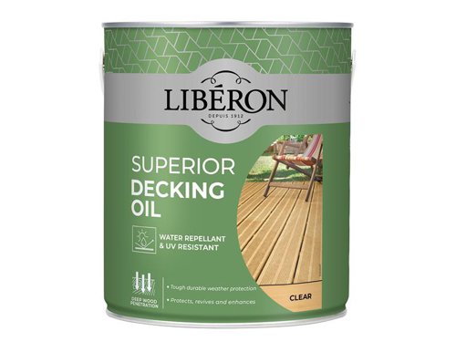 The Liberon Superior Decking Oil feeds, protects and enhances most types of timber decking. It's highly water resistant, UV enhanced formula protects against stains and grease marks.This Liberon Superior Decking Oil has the following specifications:Colour: Clear.Size: 2.5 litre.