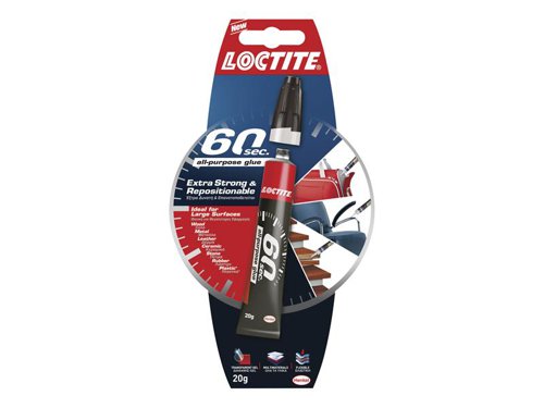 Loctite 60 Seconds All-Purpose Glue is extra strong, fast and repositionable, making it excellent for all your repairs at home, including larger surfaces. Its solvent-free, non-drip gel formula dries transparent and allows you to reposition within 40 seconds. Suitable for use on multiple materials and for vertical applications. Reaches an adhesive power of up to 100 kg/m² within 24 hours and is best suited for large surfaces.When ready to use ensure surfaces are clean, completely dry and close-fitting. Twist cap clockwise onto the tube and remove the cap. Then carefully apply the glue on one surface. Press the surfaces together, reposition it as you wish, then press with strong and even pressure for a few seconds and leave it undisturbed for 60 seconds. Clean nozzle, replace the cap and store upright in a cool dry place.