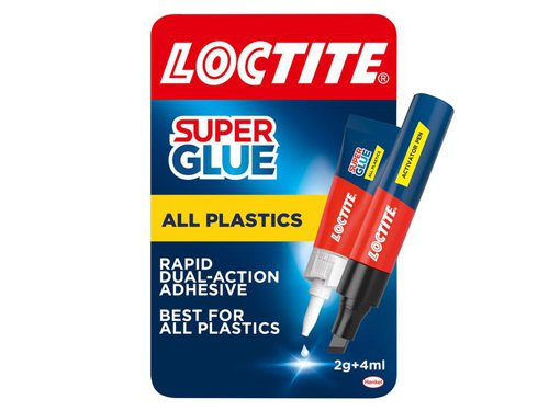 Loctite Super Glue All Plastics is a rapid, dual-action adhesive specially designed two-part cyanoacrylate adhesive. Sets in seconds and develops tremendous strength, with as little as one drop. It is resistant to water, most chemicals and freezing temperatures. Dries transparent for invisible repairs.Ideal for repairing figurines, costume jewellery, cameras, toys, metal car parts, wiper blades, rubber seals and O-rings. The activator bonds difficult to bond plastics such as polyethylene, polypropylene and PTFE/Teflon.