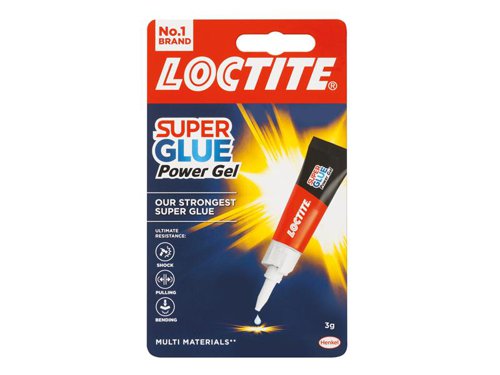 Loctite Super Glue Power Gel is formulated with cyanoacrylate rubber-infused gel formula, this instant glue allows powerful bonds which are extremely precise even on vertical surfaces and materials requiring high flexibility. Strong resistance with instant strength in a single drop, this super glue ensures durability whilst drying transparently.This multi material glue works on a variety of materials: wood, rubber, plastic* and more. It even works as a leather glue. The adhesive not only withstands strong conditions but is also shock resistant, waterproof and heatproof.Before starting, ensure the surfaces you want to bond are clean, dry and close-fitting. Simply remove the cap and apply a small quantity of the power glue gel to one surface, press both surfaces together immediately and hold them in place until the bond sets. Simple! *except polyethylene (PE) or polypropylene (PP).1 x Loctite Super Glue Power Gel Tube 3g.
