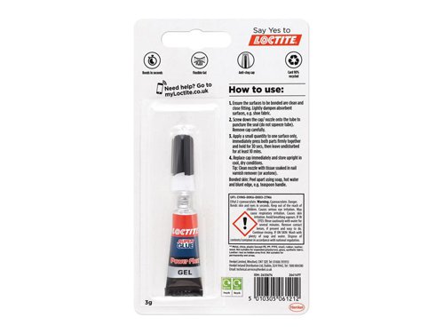 Loctite Super Glue Power Gel is formulated with cyanoacrylate rubber-infused gel formula, this instant glue allows powerful bonds which are extremely precise even on vertical surfaces and materials requiring high flexibility. Strong resistance with instant strength in a single drop, this super glue ensures durability whilst drying transparently.This multi material glue works on a variety of materials: wood, rubber, plastic* and more. It even works as a leather glue. The adhesive not only withstands strong conditions but is also shock resistant, waterproof and heatproof.Before starting, ensure the surfaces you want to bond are clean, dry and close-fitting. Simply remove the cap and apply a small quantity of the power glue gel to one surface, press both surfaces together immediately and hold them in place until the bond sets. Simple! *except polyethylene (PE) or polypropylene (PP).1 x Loctite Super Glue Power Gel Tube 3g.