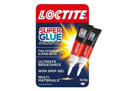 Loctite Super Glue Power Gel is formulated with cyanoacrylate rubber-infused gel formula, this instant glue allows powerful bonds which are extremely precise even on vertical surfaces and materials requiring high flexibility. Strong resistance with instant strength in a single drop, this super glue ensures durability whilst drying transparently.This multi material glue works on a variety of materials: wood, rubber, plastic* and more. It even works as a leather glue. The adhesive not only withstands strong conditions but is also shock resistant, waterproof and heatproof.Before starting, ensure the surfaces you want to bond are clean, dry and close-fitting. Simply remove the cap and apply a small quantity of the power glue gel to one surface, press both surfaces together immediately and hold them in place until the bond sets. Simple! *except polyethylene (PE) or polypropylene (PP).2 x Loctite Super Glue Power Gel Tubes 3g.