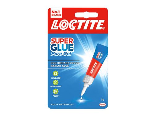 Loctite Super Glue Pure Gel has an innovative gel texture and anti-drip formula, ideal for use on vertical surfaces. In addition, the glue leaves more time to align and reposition which means the risk of bonding the fingers together is drastically reduced.Safe to handle and non-irritating to skin. It comes with an easy to open cap which is self-piercing and anti-clog. The adhesive is water resistant and dries transparent which is why it is also ideal for use in the bathroom and kitchen. For use on a variety of materials, including metal, paper, plastic, porcelain, leather and wood. Ideal for repairs in the household or crafting.