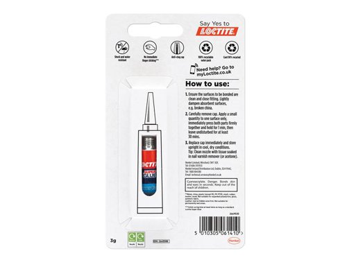 Loctite Super Glue Pure Gel has an innovative gel texture and anti-drip formula, ideal for use on vertical surfaces. In addition, the glue leaves more time to align and reposition which means the risk of bonding the fingers together is drastically reduced.Safe to handle and non-irritating to skin. It comes with an easy to open cap which is self-piercing and anti-clog. The adhesive is water resistant and dries transparent which is why it is also ideal for use in the bathroom and kitchen. For use on a variety of materials, including metal, paper, plastic, porcelain, leather and wood. Ideal for repairs in the household or crafting.