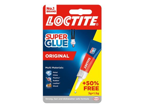 Loctite Super Glue Original helps you to easily handle any kind of small daily repair jobs around the house. With instant strength and transparent drying technology, Loctite Original ensures durable, long-lasting and invisible repairs. Thanks to its self-piercing anti-clog cap, the repair glue is super easy to use and does not dry out, ensuring long-term reusability.This instant glue not only withstands heavy loads but is also shock resistant, waterproof and heatproof. Works on a variety of materials from wood, rubber, plastic* and more, it even works as a leather glue.When ready to use ensure surfaces to be joined are clean, completely dry and close fitting. Twist cap clockwise until it locks, then unscrew in an anti-clockwise direction to open. Carefully squeeze a small drop onto one surface. Press the surfaces together and hold until set. Replace the cap immediately and store upright in a cool dry place.*except polyethylene (PE) or polypropylene (PP).1 x Loctite Super Glue Original Tube 3g + 50% Extra Free.