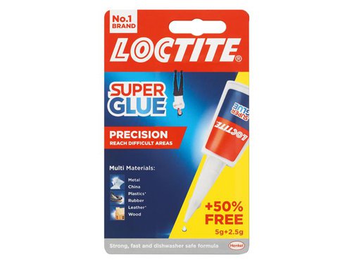 Loctite Super Glue Precision is a convenient repair glue with an extra-long nozzle. It provides instant strength combined with transparent drying technology. Ensures durable, long-lasting and invisible repairs with accurate delivery.This instant glue not only withstands heavy loads but is also shock-resistant, waterproof and heatproof. Easy-to-use and practical, thanks to its anti-clog cap. Works on a variety of materials, from wood, rubber, plastic* and more. It even works as a leather glue.When you are ready to glue, ensure the surfaces you want to bond are clean, dry and close-fitting. Lightly dampen porous surfaces. Simply remove the cap and apply a small quantity of the liquid glue to one surface, press both surfaces together immediately and hold them in place until the bond sets.*except polyethylene (PE) or polypropylene (PP).1 x Loctite Super Glue Precision Bottle 5g + 50% Extra Free.