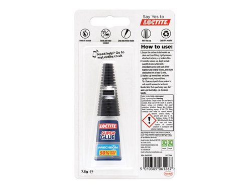 Loctite Super Glue Precision is a convenient repair glue with an extra-long nozzle. It provides instant strength combined with transparent drying technology. Ensures durable, long-lasting and invisible repairs with accurate delivery.This instant glue not only withstands heavy loads but is also shock-resistant, waterproof and heatproof. Easy-to-use and practical, thanks to its anti-clog cap. Works on a variety of materials, from wood, rubber, plastic* and more. It even works as a leather glue.When you are ready to glue, ensure the surfaces you want to bond are clean, dry and close-fitting. Lightly dampen porous surfaces. Simply remove the cap and apply a small quantity of the liquid glue to one surface, press both surfaces together immediately and hold them in place until the bond sets.*except polyethylene (PE) or polypropylene (PP).1 x Loctite Super Glue Precision Bottle 5g + 50% Extra Free.