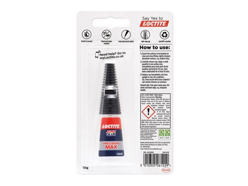 Loctite Super Glue Precision is a convenient repair glue with an extra-long nozzle. It provides instant strength combined with transparent drying technology. Ensures durable, long-lasting and invisible repairs with accurate delivery.This instant glue not only withstands heavy loads but is also shock-resistant, waterproof and heatproof. Easy-to-use and practical, thanks to its anti-clog cap. Works on a variety of materials, from wood, rubber, plastic* and more. It even works as a leather glue.When you are ready to glue, ensure the surfaces you want to bond are clean, dry and close-fitting. Lightly dampen porous surfaces. Simply remove the cap and apply a small quantity of the liquid glue to one surface, press both surfaces together immediately and hold them in place until the bond sets.*except polyethylene (PE) or polypropylene (PP).1 x Loctite Super Glue Precision Max Bottle 10g.