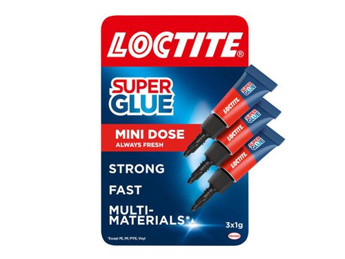 The Loctite Super Glue Original Mini Trio contains three one-shot tubes, so you're always ready for a quick repair job on the go! Convenient small-sized pipette. small enough to fit into any sized bag. This multi-purpose glue helps you to easily handle any kind of small daily repair job around the house.Provides instant strength, transparent drying technology and an anti-clog cap. Ensures durable, long-lasting and invisible repairs. Works on a variety of materials, from wood, rubber, plastic* and more, it even works as a leather glue. This instant glue not only withstands heavy loads but is also shock-resistant, waterproof and heatproof.When ready to use ensure surfaces to be joined are clean, completely dry and close fitting. Twist cap clockwise until it locks, then unscrew in an anti-clockwise direction to open. Carefully squeeze a small drop onto one surface. Press the surfaces together and hold until set. Replace the cap immediately and store upright in a cool dry place.*except polyethylene (PE) or polypropylene (PP).