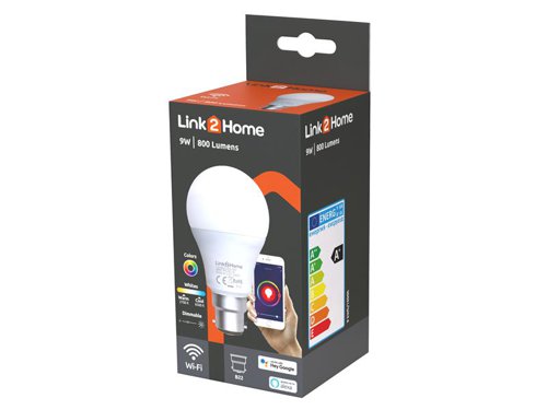 LTHB229W Link2Home Wi-Fi LED BC (B22) Opal GLS Dimmable Bulb, White + RGB 800 lm 9W