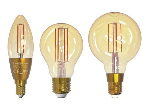 The Link2Home Wi-Fi LED Filament Dimmable Bulb combines a beautiful rustic golden lamp with modern control. Move across the white light spectrum from an ultra-warm 1,800K through to a cool 2,700K. You can also dim the light via the Link2Home Pro app (Free).Control your home atmosphere via app control or voice.Using the Link2Home Pro app, you can set up precise timers that can be customised by days of the week. Set up countdown timers too. You can group multiple lights together to control one room, one house, or control each light individually.Fully integrated with Amazon Alexa and Google Assistant. Just ask your smart speaker to control your light device or group by saying 'Alexa turn on the hallway' or 'Hey Google! Turn on the living room lamp'.System Requirements:Wi-Fi ConnectionMobile or tablet with iOS 8 or later, or Android 4.1 or laterLink2Home Pro Account (Free)The Link2Home Wi-Fi LED Candle Filament Dimmable 4.5W bulb has a 400 lumen output, equivalent to a traditional 50W bulb.Specification:Fitting: SES (E14)Input Wattage: 4.5W (50W equivalent)Lumens of Light: 400 lmAverage Rated Life: 15,000 hoursColour Temperature: 1,800K-2,700K (Warm to Cool)Dimmable: Yes