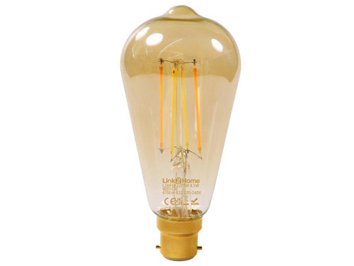 The Link2Home Wi-Fi LED Filament Dimmable Bulb combines a beautiful rustic golden lamp with modern control. Move across the white light spectrum from an ultra-warm 1,800K through to a cool 2,700K. You can also dim the light via the Link2Home Pro app (Free).Control your home atmosphere via app control or voice.Using the Link2Home Pro app, you can set up precise timers that can be customised by days of the week. Set up countdown timers too. You can group multiple lights together to control one room, one house, or control each light individually.Fully integrated with Amazon Alexa and Google Assistant. Just ask your smart speaker to control your light device or group by saying 'Alexa turn on the hallway' or 'Hey Google! Turn on the living room lamp'.System Requirements:Wi-Fi ConnectionMobile or tablet with iOS 8 or later, or Android 4.1 or laterLink2Home Pro Account (Free)The Link2Home Wi-Fi LED Pear Filament Dimmable 4.5W bulb has a 470 lumen output, equivalent to a traditional 50W bulb.Specification:Fitting: BC (B22)Input Wattage: 4.5W (50W equivalent)Lumens of Light: 470 lmAverage Rated Life: 20,000 hoursColour Temperature: 1,800K-3,000K (Warm to Cool)Dimmable: YesBeam Angle: 200°
