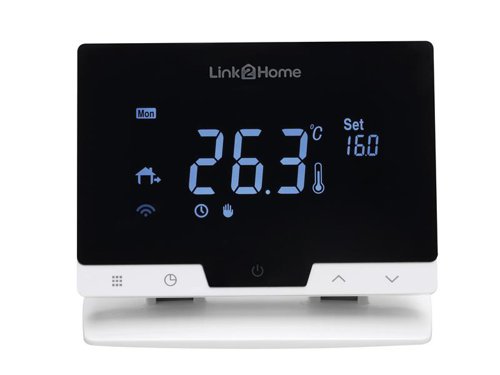 The Link2Home Smart Thermostat makes controlling your heating from your smartphone or tablet easy. It has an elegant design, intuitive control, and easy-to-use features and will work with your existing heating system and no matter who supplies your energy.With the Smart Thermostat, you’ll never need to heat an empty home again, saving up to 10-15% a year on heating bills. You can easily keep track of how you’re using your heating through the temperature graphs on the Link2Home app and receive heating alerts when you leave or return home. The wireless thermostat lets you control your heating when you’re at home. The hub plugs into your boiler control, allowing you to control your thermostat remotely and to communicate with the boiler.Specification:Range: 100mSetting Accuracy: 0.5°Setting Range: 5-35°Screen: 3.8in LCDRequires 4 x AAA Batteries (Not Supplied)