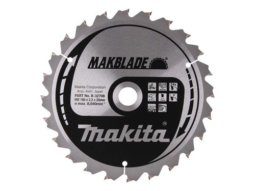 MAKB32708 Makita B-32708 MAKBLADE Mitre Saw Blade 190 x 20mm x 24T