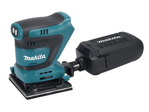 The Makita DBO480 LXT Finishing Sander is equipped with a 2-speed electronic speed control system and a tool-less paper clamp for quick working. A redesigned balancer reduces the tool vibration in loaded operation.This Makita sander is ergonomically designed to provide the best possible grip for comfortable handling, and dust is kept to a minimum, in two ways, either thanks to the rear mounted bag or the dust port can be used to attach a dust extractor. The perfect tool for carpenters, fitters, joiners and DIY enthusiasts.Comes as a Bare Unit, NO battery or charger supplied.Supplied with: 1 x Triangle Plate, 1 x Dust Bag, 1 x Abrasive Paper Set, 1 x Dust Bag Nozzle, 1 x Dust Nozzle and 1 x Punch Plate.Specifications:Oscillating Speed: 28,000/22,000/min.Orbits per Minute: 14,000/11,000/opm.Orbit Diameter: 1.5mm.Paper Fastening: Hook & Loop or Clamp.Pad Size: 112 x 102mm.Paper Size: 114 x 102mm.Weight: 1.4kg.