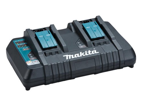 The Makita DC18RD Twin Port Charger is able to charge two Makita slide style Li-ion and Ni-MH batteries (with adapter) at the same time, this is as fast as the DC18RC charges one battery.The DC18RD has full charge sound alert, an LED charging display, and electronic current limiter which provides overload protection.The Twin Port charge times are: 2 x 18 Volt 3.0ah Batteries: 22 mins, 2 x 18 Volt 4.0ah Batteries: 36 mins, and 2 x 18 Volt 5.0ah Batteries: 45 mins.