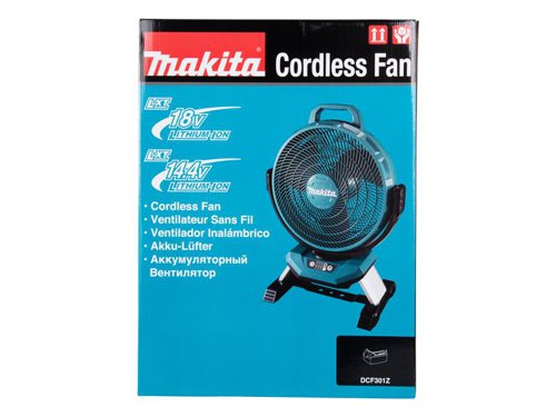 Makita DCF301 LXT Portable Fan comes with three speed settings and oscillation selector for optimal air velocity and control. Designed for reduced wind noise level for quiet operation. Tilts up and down and rotates left to right for convenient redirection of air flow.Strong enough to create a comfortable work environment under hot weather conditions. Designed to withstand harsh job site environments and can be loaded on to a tripod if desired. An easily removable fan cover allows for convenient clean-up. The battery protection system automatically shuts off power when the battery level is low.Comes as a Bare Unit, NO battery or charger supplied.Specifications:Max. Air Velocity: 4.0 / 2.8 / 2.0 m/s.Air Volume: 21 / 15 / 10 m³/min.Diameter: 330mm.Max. Bevel Range: (Left) 45 º.Nominal Battery Voltage: 14,4 /18V.