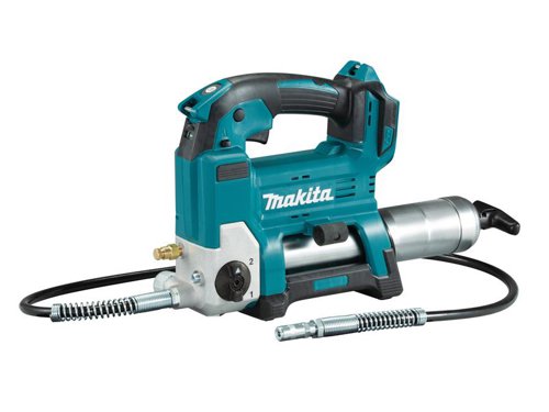 The Makita DGP180 LXT Grease Gun features two speed modes: slow and auto speed change. Auto speed change mode applies grease while varying the flow rate, automatically matching the resistance of the part being greased. Bulk grease can be directly loadable into the barrel.Fitted with an ergonomically designed handle and soft grip for increased comfort. There is also a lock-on function, ideal for long work periods with reduced fatigue, and a handy LED job light.Supplied as a Bare Unit - No Battery or Charger.Supplied with: 1 x Flexible Hose and 1 x Shoulder Strap.Specifications:Max. Operating Pressure: 10,000 psi.Flow Rate (Slow/Auto Speed): 145/290ml/min.Grease Capacity: Cartridge 410g, Bulk 455g.Flexible Hose Length: 1,200mm.Weight: 4.8kg (without battery).