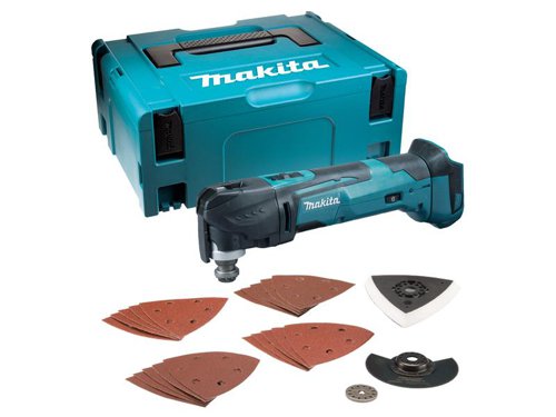 The Makita DTM51 Multi-Tool has a high operational efficiency which enables it to cut through most materials with ease. Offers multi-angle settings spanning a full 360° in 30° increments. Will cut plasterboard, wood, metal, ceramic tiles and can flush cut nails and metal pipework.Change the blade for the sanding plate and you can sand or polish with it too. Compatible with all OIS Accessories (Oscillating Interface Systems). With a wide variety of accessories available for various applications.Specifications:No Load Speed: 6,000-20,000/min.Length: 324mm.Weight: 1.9kg.The Makita DTM51ZJX7 Multi-Tool is supplied with: 1 x Adaptor, 1 x Segment Saw Blade, 5 x 60 Grit Abrasive Paper, 5 x 80 Grit Abrasive Paper, 5 x 120 Grit Abrasive Paper, 5 x 180 Grit Abrasive Paper, 1 x Sanding Pad and 1 x MAKPAC case.Bare Unit, No Battery or Charger Supplied.