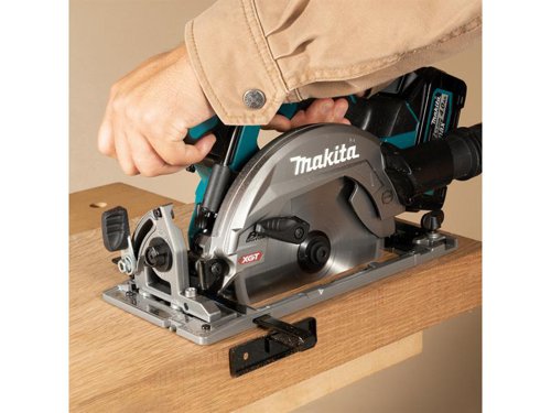 Makita HS012G XGT 40Vmax Circular Saw with a maintenance-free brushless motor and constant speed control. The electric brake provides maximum productivity and increased operator safety. XPT (Extreme Protection Technology) has been engineered for improved dust and water resistance for operation in harsh job site conditions. A battery protection circuit protects against overloading, over-discharging and over-heating. It also features twin LED lights with pre-glow and afterglow functions for better illumination and more accurate work.Compatible with the Auto-Start Wireless System (AWS), connects to compatible dust extractors with Bluetooth?½. The dust extractor automatically runs while the switch is on.Specifications:No Load Speed: 5,200/min.Max. Cutting Depth: @90?? 57mm, @45?? 41mm.Blade: 165 x 20mm Bore.Weight: 2.5kg.The Makita HS012GD201 XGT 40Vmax Circular Saw is supplied with:2 x XGT 40Vmax 40V 2.5Ah Li-ion Batteries.1 x DC40RA XGT 40Vmax Battery Charger.1 x Parallel Guide.1 x Dust Nozzle.1 x Hex Wrench.1 x Type 3 MAKPAC Case.