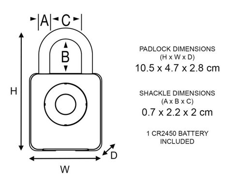 The Master Lock Bluetooth® Indoor Padlock features a 47mm wide metal body for durability. Its boron alloy shackle offers maximum resistance to cutting and sawing. Use your smart phone to open and manage your lock via the Master Lock Vault Enterprise app (apple and android).No keys to lose, no combinations to forget. No unauthorised key duplication. These locks can withstand physical attacks and hacks, protecting your property with military grade encryption and high-security features. It also features backup access, ideal if your phone runs out of battery, using a directional code on the lock keypad. There is also a low battery notification/reminder via the padlock and in app.Specifications:Body Width: 47mm.Shackle Diameter: 7mm.Shackle Height: 22mm.Shackle Width: 21mm.