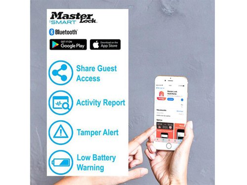 The Master Lock Bluetooth® Indoor Padlock features a 47mm wide metal body for durability. Its boron alloy shackle offers maximum resistance to cutting and sawing. Use your smart phone to open and manage your lock via the Master Lock Vault Enterprise app (apple and android).No keys to lose, no combinations to forget. No unauthorised key duplication. These locks can withstand physical attacks and hacks, protecting your property with military grade encryption and high-security features. It also features backup access, ideal if your phone runs out of battery, using a directional code on the lock keypad. There is also a low battery notification/reminder via the padlock and in app.Specifications:Body Width: 47mm.Shackle Diameter: 7mm.Shackle Height: 22mm.Shackle Width: 21mm.