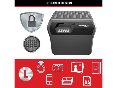 The Master Lock Large Fire & Waterproof Security Chest protects your family’s most important documents (fits A4 paper size), media and valuables from fire and flood damage. Fire and water-resistant construction. UL/ETL verified 30 minutes fire protection for documents, official papers, as well as digital items (CD, USB sticks) up to 843°C. ETL verified for water submersion to protect documents and other valuable items from flood damage.The digital lock keeps documents and valuables away from prying eyes and prevents the lid from opening in the event of a fire. It has a programmable digital combination: 1 resettable combination + 1 Master combination (non programmable).Specification:Exterior Dimensions (H x W x D): 35.9 x 42.1 x 35.1cmInterior Dimensions (H x W x D): 29.5 x 30.5 x 20.6cmInterior Volume: 18.5LPower: 1 x 9V Battery (not included)Weight: 19.5kg